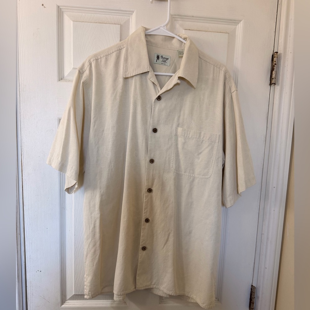 Vintage Silk 100% Silk Beige Paisley Camp Shirt Mens Size L Button Up Resort